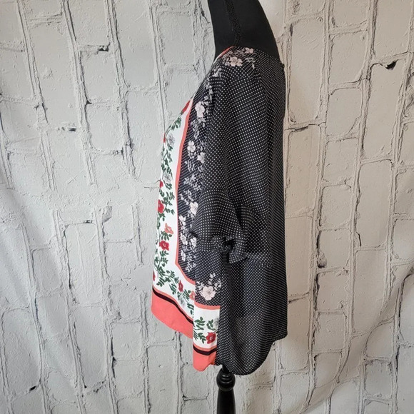 LIZ Claiborne Dolman Black Polka Dot‎ Floral Panel Flowy Chiffon Blouse Top OX - Picture 4 of 6